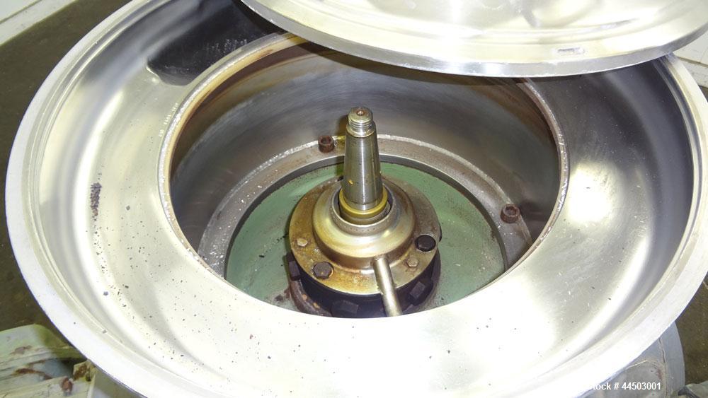 Used Westfalia SA14-06-076 Desludger Disc Centrifuge. 329 Stainless steel construction on product contact areas. Maximum bowl speed 7560 rpm, clarifier design (liquid/solids separation), centripetal ...