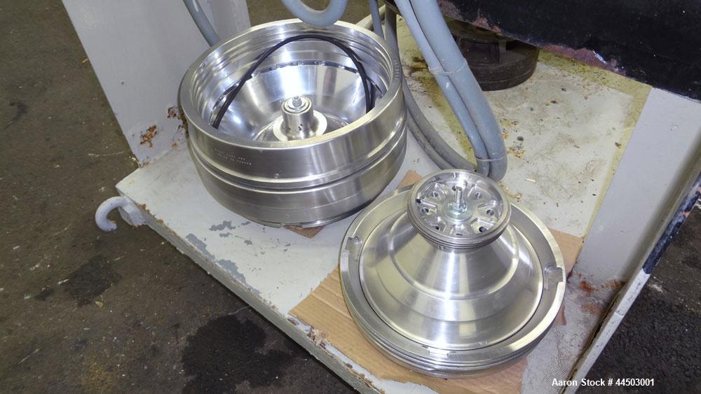 Used Westfalia SA14-06-076 Desludger Disc Centrifuge. 329 Stainless steel construction on product contact areas. Maximum bowl speed 7560 rpm, clarifier design (liquid/solids separation), centripetal ...