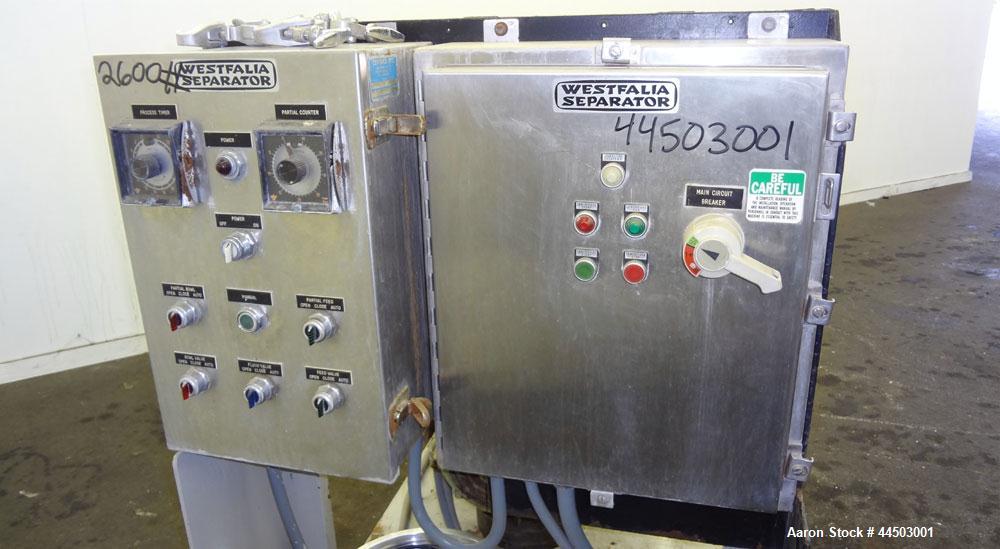 Used Westfalia SA14-06-076 Desludger Disc Centrifuge. 329 Stainless steel construction on product contact areas. Maximum bowl speed 7560 rpm, clarifier design (liquid/solids separation), centripetal ...