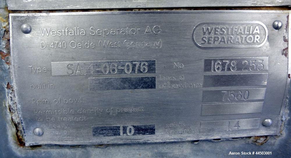 Used Westfalia SA14-06-076 Desludger Disc Centrifuge. 329 Stainless steel construction on product contact areas. Maximum bowl speed 7560 rpm, clarifier design (liquid/solids separation), centripetal ...