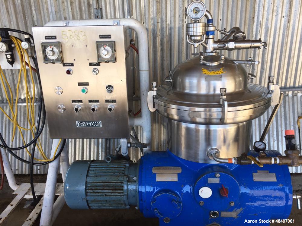 Used Westfalia Separator, Model SA14-06-076. 7560 rpm, 7.5hp 240v 3 phase motor. Manual operating valve. Permissible density of product to be treated: Heavy Liquid 1.0 kg/cu. cm. Solids 1.4 kg/ cu. c...
