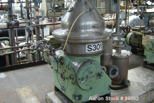 USED: Westfalia SA35-01-576 desludger disc centrifuge. 316 stainless steel construction on product contact areas, max bowl speed 6000 rpm, separator design, light and heavy phase centripetal pump liq...
