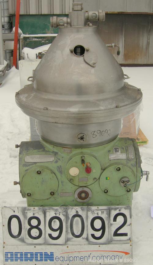 USED: Westfalia SA35-01-576 desludger disc centrifuge. 316 stainless steel construction on product contact areas, max bowl speed 6000 rpm, separator design, light and heavy phase centripetal pump liq...