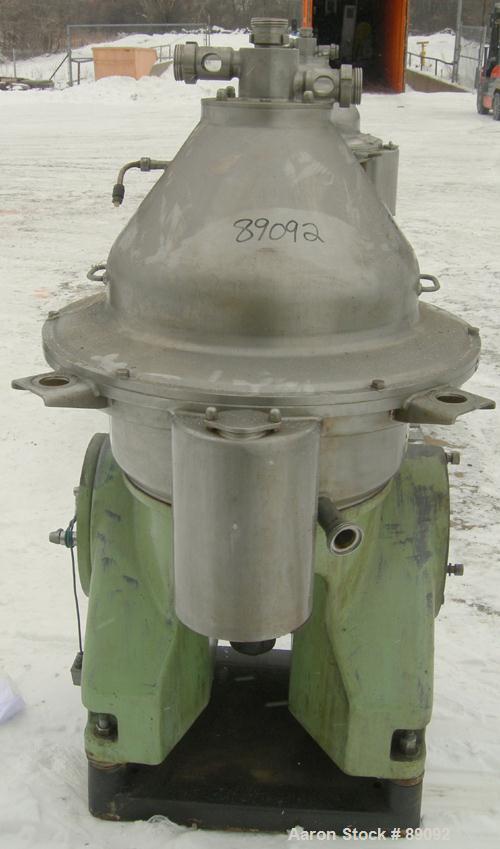 USED: Westfalia SA35-01-576 desludger disc centrifuge. 316 stainless steel construction on product contact areas, max bowl speed 6000 rpm, separator design, light and heavy phase centripetal pump liq...