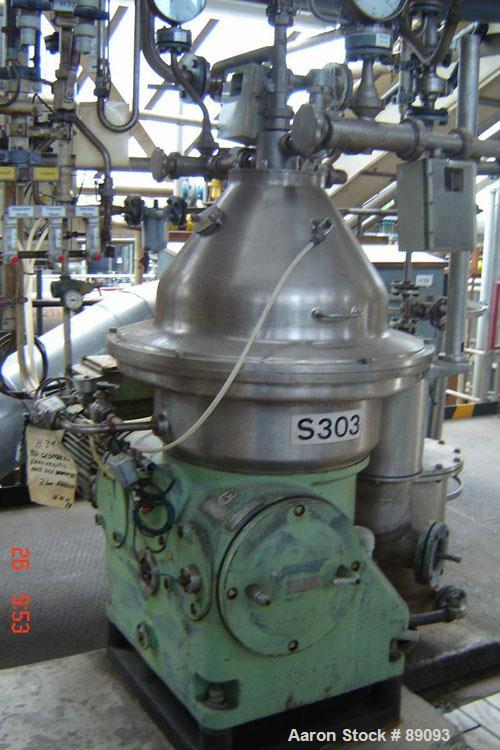 USED: Westfalia SA35-01-576 desludger disc centrifuge. 316 stainless steel construction on product contact areas, max bowl speed 6000 rpm, separator design, light and heavy phase centripetal pump liq...