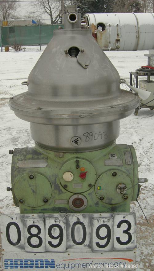 USED: Westfalia SA35-01-576 desludger disc centrifuge. 316 stainless steel construction on product contact areas, max bowl speed 6000 rpm, separator design, light and heavy phase centripetal pump liq...