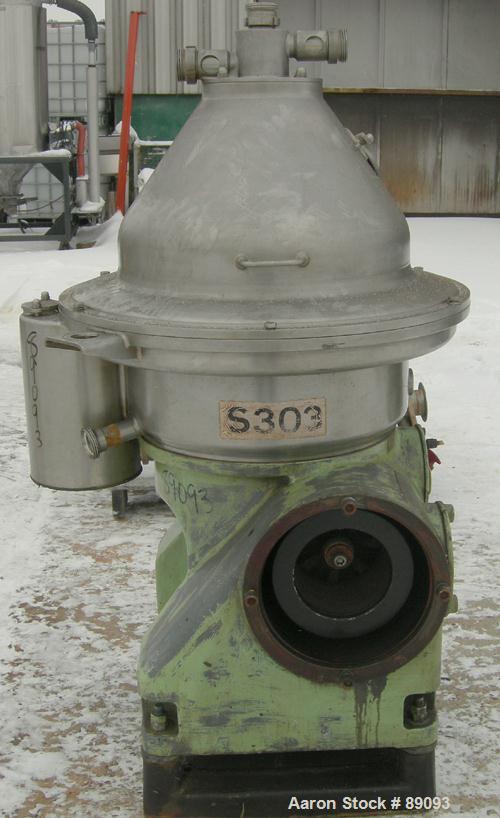 USED: Westfalia SA35-01-576 desludger disc centrifuge. 316 stainless steel construction on product contact areas, max bowl speed 6000 rpm, separator design, light and heavy phase centripetal pump liq...