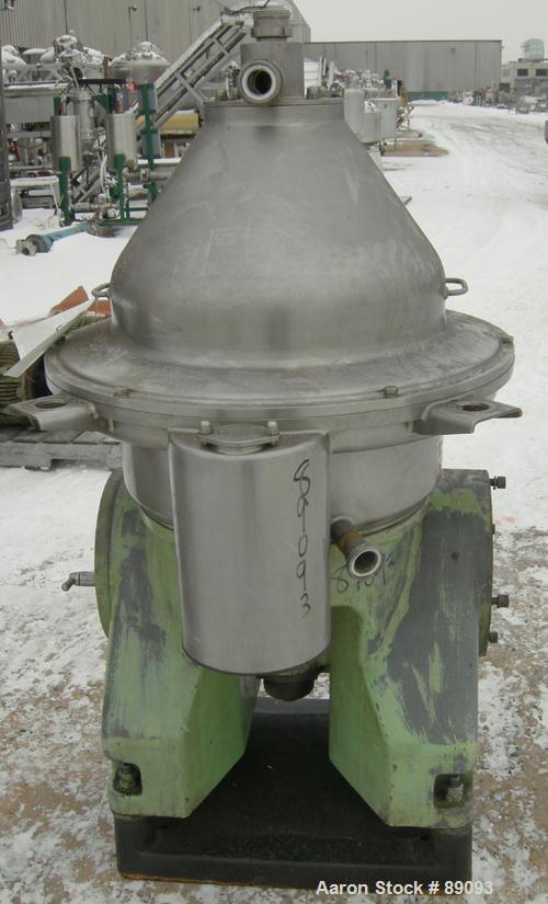 USED: Westfalia SA35-01-576 desludger disc centrifuge. 316 stainless steel construction on product contact areas, max bowl speed 6000 rpm, separator design, light and heavy phase centripetal pump liq...