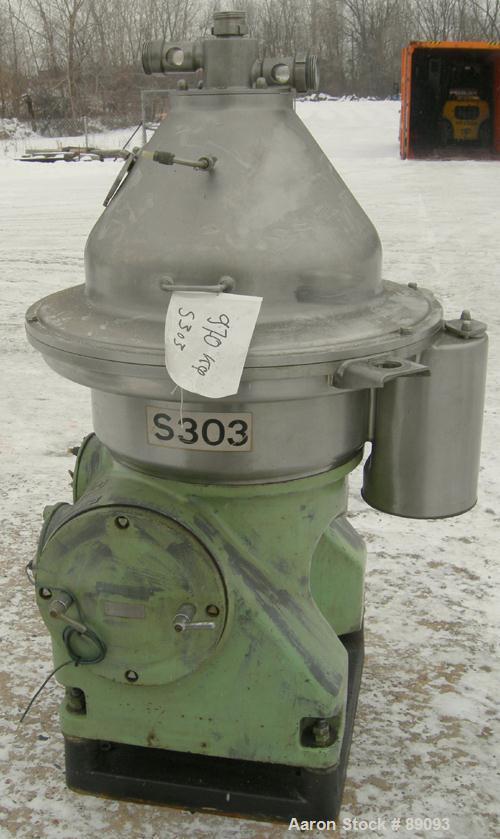USED: Westfalia SA35-01-576 desludger disc centrifuge. 316 stainless steel construction on product contact areas, max bowl speed 6000 rpm, separator design, light and heavy phase centripetal pump liq...