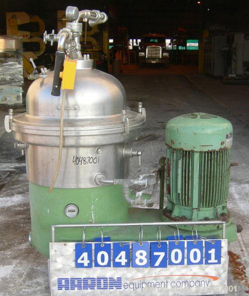 USED: Westfalia clarifier, type SA40-06-177. Material of construction is stainless steel on product contact parts. Max bowl speed 4500 tpm by a 37.5 hp/25 kw-420 volt/50 cycle/3 ph V-belt driven XP m...
