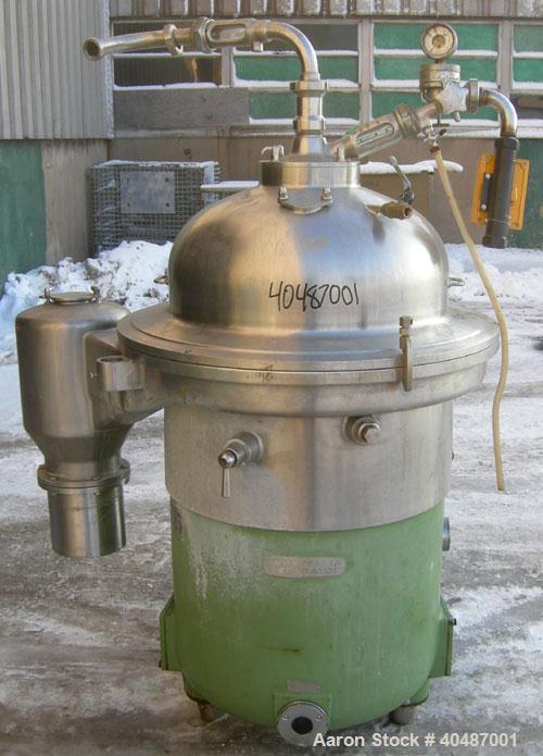 USED: Westfalia clarifier, type SA40-06-177. Material of construction is stainless steel on product contact parts. Max bowl speed 4500 tpm by a 37.5 hp/25 kw-420 volt/50 cycle/3 ph V-belt driven XP m...