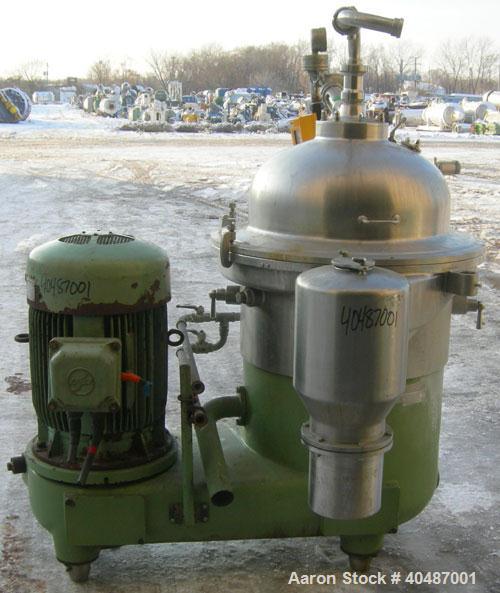 USED: Westfalia clarifier, type SA40-06-177. Material of construction is stainless steel on product contact parts. Max bowl speed 4500 tpm by a 37.5 hp/25 kw-420 volt/50 cycle/3 ph V-belt driven XP m...