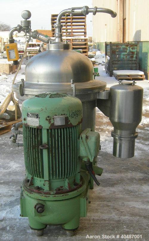 USED: Westfalia clarifier, type SA40-06-177. Material of construction is stainless steel on product contact parts. Max bowl speed 4500 tpm by a 37.5 hp/25 kw-420 volt/50 cycle/3 ph V-belt driven XP m...
