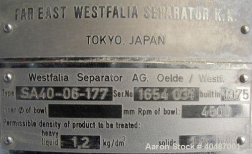 USED: Westfalia clarifier, type SA40-06-177. Material of construction is stainless steel on product contact parts. Max bowl speed 4500 tpm by a 37.5 hp/25 kw-420 volt/50 cycle/3 ph V-belt driven XP m...