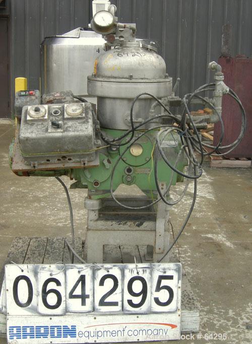 Used Westfalia SA7-06-076 Desludger Disc Centrifuge, 316 Stainless Steel Construction (Product Contact Areas). Maximum bowl speed 8400 rpm, clarifier design, centripetal pump liquid discharge. Driven...