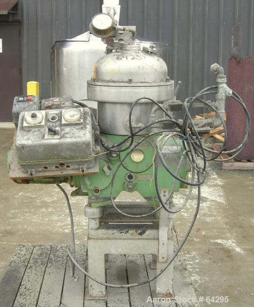 Used Westfalia SA7-06-076 Desludger Disc Centrifuge, 316 Stainless Steel Construction (Product Contact Areas). Maximum bowl speed 8400 rpm, clarifier design, centripetal pump liquid discharge. Driven...