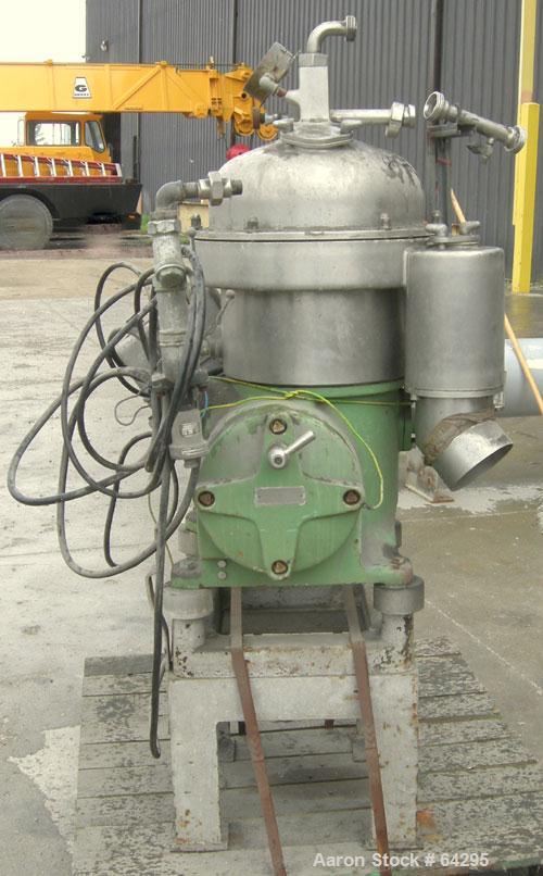 Used Westfalia SA7-06-076 Desludger Disc Centrifuge, 316 Stainless Steel Construction (Product Contact Areas). Maximum bowl speed 8400 rpm, clarifier design, centripetal pump liquid discharge. Driven...