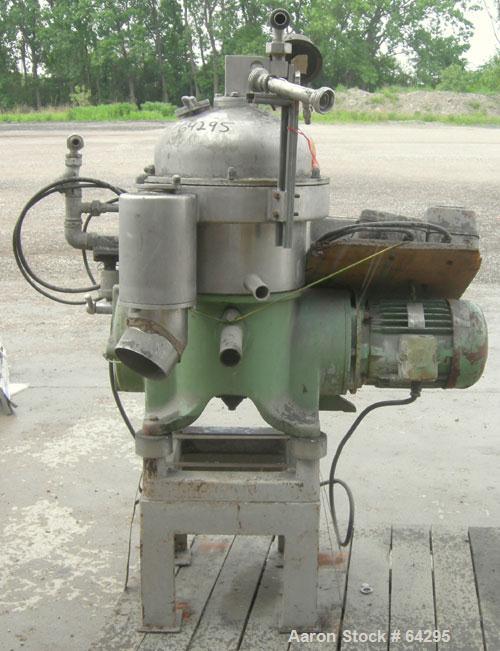 Used Westfalia SA7-06-076 Desludger Disc Centrifuge, 316 Stainless Steel Construction (Product Contact Areas). Maximum bowl speed 8400 rpm, clarifier design, centripetal pump liquid discharge. Driven...