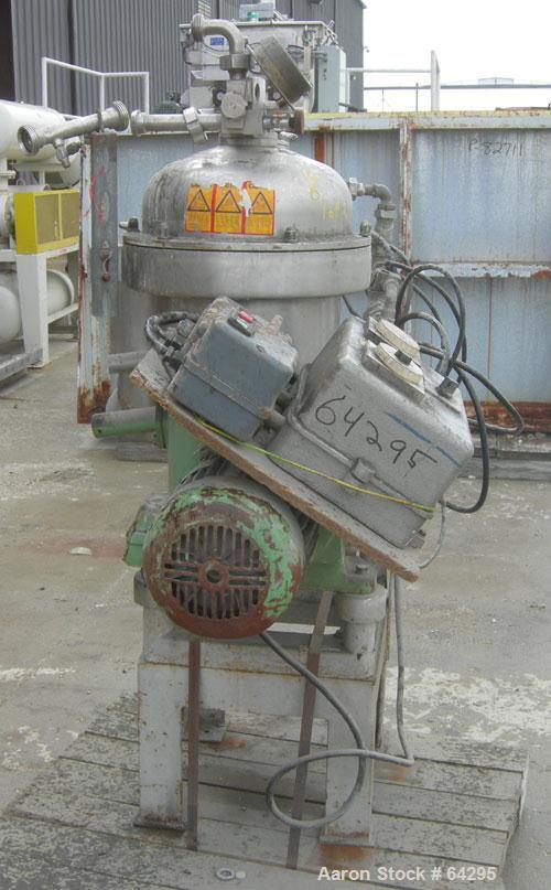 Used Westfalia SA7-06-076 Desludger Disc Centrifuge, 316 Stainless Steel Construction (Product Contact Areas). Maximum bowl speed 8400 rpm, clarifier design, centripetal pump liquid discharge. Driven...