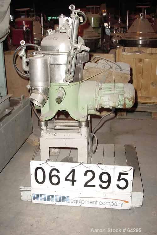Used Westfalia SA7-06-076 Desludger Disc Centrifuge, 316 Stainless Steel Construction (Product Contact Areas). Maximum bowl speed 8400 rpm, clarifier design, centripetal pump liquid discharge. Driven...