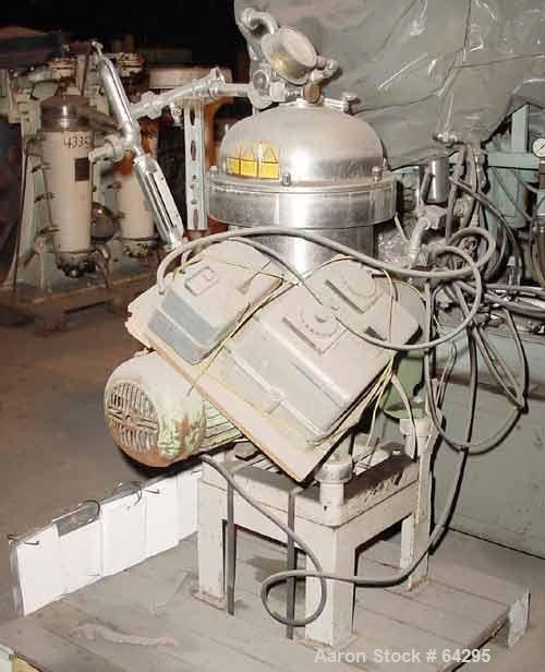 Used Westfalia SA7-06-076 Desludger Disc Centrifuge, 316 Stainless Steel Construction (Product Contact Areas). Maximum bowl speed 8400 rpm, clarifier design, centripetal pump liquid discharge. Driven...