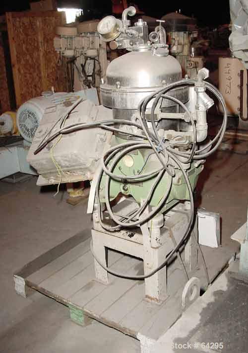 Used Westfalia SA7-06-076 Desludger Disc Centrifuge, 316 Stainless Steel Construction (Product Contact Areas). Maximum bowl speed 8400 rpm, clarifier design, centripetal pump liquid discharge. Driven...