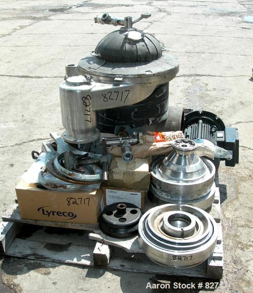 USED: Westfalia SAM-3036 Desludger Disc Centrifuge. 316 stainless steel construction on product contact areas, clarifier design. Max bowl speed 6500 rpm. Direct driven by a 7.5 kw (10 hp), 3/50/380 v...