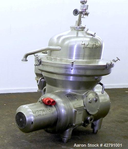 Used Westfalia SAMM 12006 Disc Centrifuge. 421 Stainless steel construction (product contact areas). Maximum bowl speed 4500 rpm, separator design, direct drive, 30 hp/22 kw drive motor (380/3/50). I...