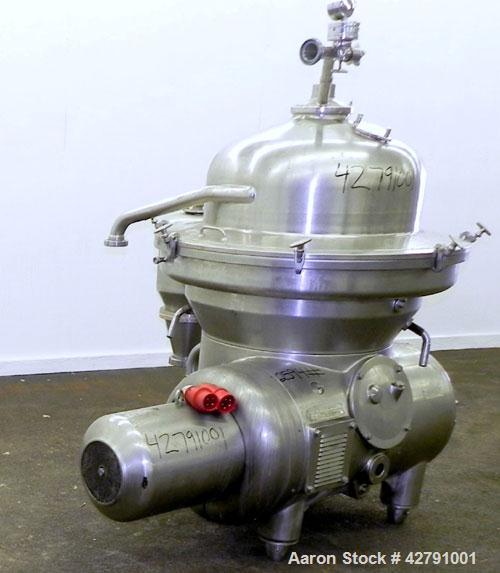 Used Westfalia SAMM 12006 Disc Centrifuge. 421 Stainless steel construction (product contact areas). Maximum bowl speed 4500 rpm, separator design, direct drive, 30 hp/22 kw drive motor (380/3/50). I...