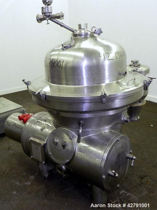 Used Westfalia SAMM 12006 Disc Centrifuge. 421 Stainless steel construction (product contact areas). Maximum bowl speed 4500 rpm, separator design, direct drive, 30 hp/22 kw drive motor (380/3/50). I...