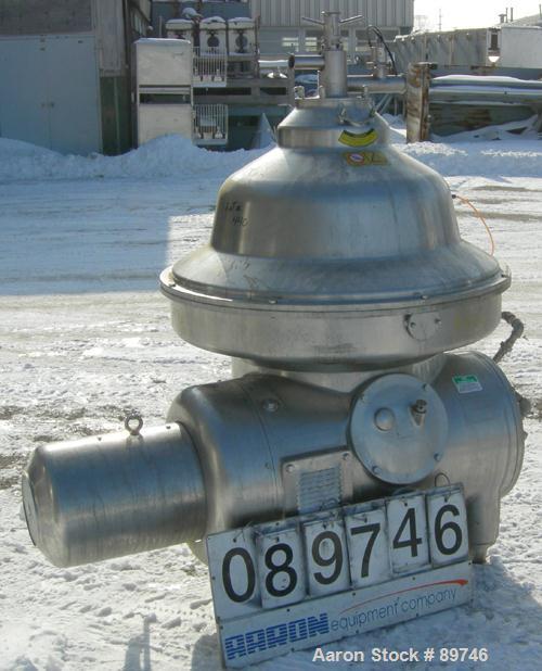 USED: Westfalia SAMM-12006 desludger disc centrifuge. 316 stainless steel construction on product contact areas, max bowl speed 4500 rpm, separator design, centripetal pump liquid discharge, 26 kw (3...