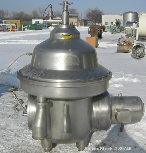 USED: Westfalia SAMM-12006 desludger disc centrifuge. 316 stainless steel construction on product contact areas, max bowl speed 4500 rpm, separator design, centripetal pump liquid discharge, 26 kw (3...