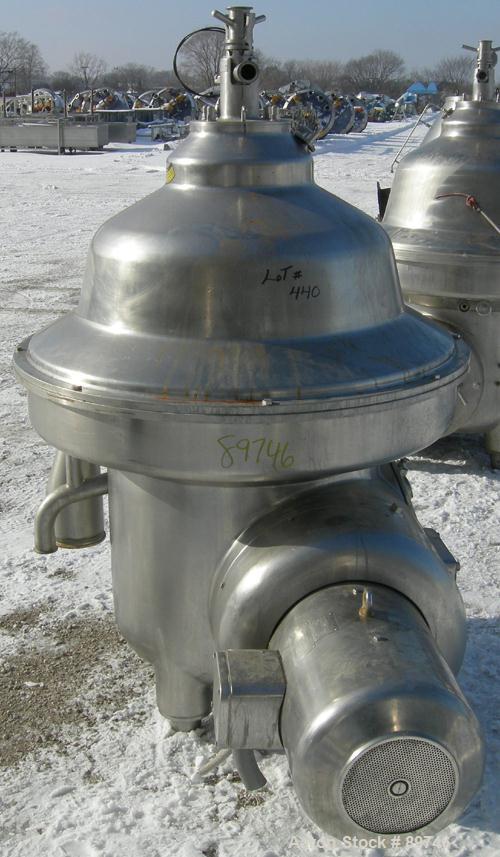 USED: Westfalia SAMM-12006 desludger disc centrifuge. 316 stainless steel construction on product contact areas, max bowl speed 4500 rpm, separator design, centripetal pump liquid discharge, 26 kw (3...