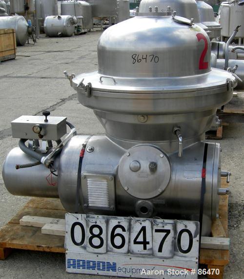 USED: Westfalia SAMM-150037 Desludger Disc Centrifuge. 316 stainless steel construction on product contact areas, max bowl speed 4500 rpm, separator design, light phase and heavy phase centripetal pu...