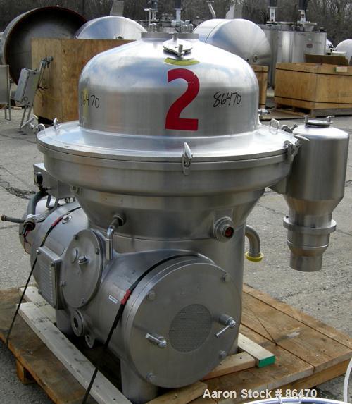 USED: Westfalia SAMM-150037 Desludger Disc Centrifuge. 316 stainless steel construction on product contact areas, max bowl speed 4500 rpm, separator design, light phase and heavy phase centripetal pu...