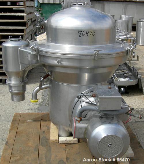 USED: Westfalia SAMM-150037 Desludger Disc Centrifuge. 316 stainless steel construction on product contact areas, max bowl speed 4500 rpm, separator design, light phase and heavy phase centripetal pu...