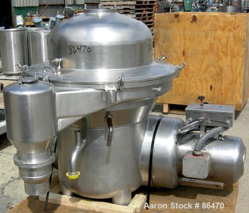 USED: Westfalia SAMM-150037 Desludger Disc Centrifuge. 316 stainless steel construction on product contact areas, max bowl speed 4500 rpm, separator design, light phase and heavy phase centripetal pu...