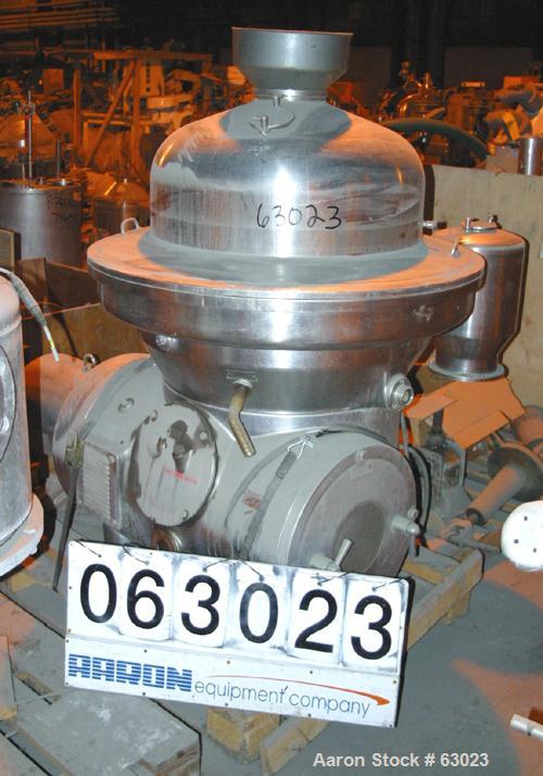 USED: Westfalia separator type SAMM12006. 316 stainless steel construction. Working capacity 3175 gal/hr (12000 liter). Max bowl speed 4500 rpm by a 27.75 hp/18.5 kW-380 volt/50 cycle/3 ph Loher type...