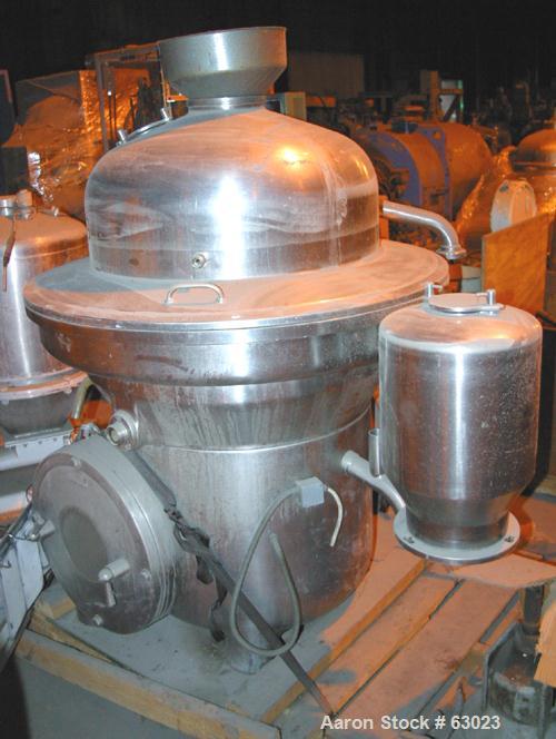 USED: Westfalia separator type SAMM12006. 316 stainless steel construction. Working capacity 3175 gal/hr (12000 liter). Max bowl speed 4500 rpm by a 27.75 hp/18.5 kW-380 volt/50 cycle/3 ph Loher type...