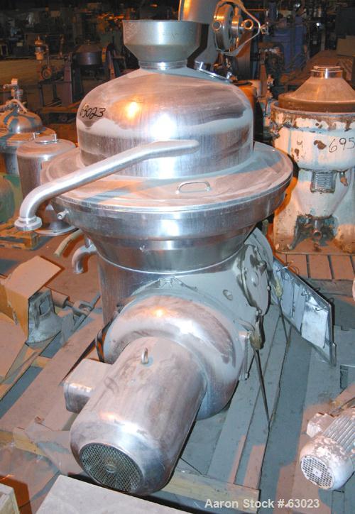 USED: Westfalia separator type SAMM12006. 316 stainless steel construction. Working capacity 3175 gal/hr (12000 liter). Max bowl speed 4500 rpm by a 27.75 hp/18.5 kW-380 volt/50 cycle/3 ph Loher type...