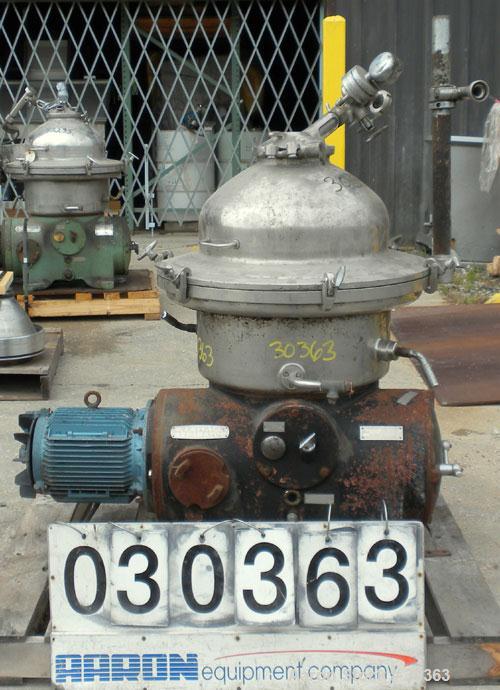Used Westfalia Disc Centrifuge, Model SAMN 5036, 434 Stainless Steel. Driven by a 5.5 kW bowl top, disc stack, centripetal pump, splitter disc.