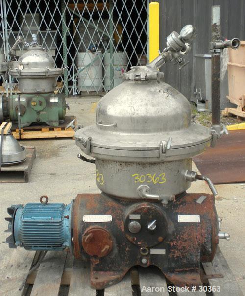 Used Westfalia Disc Centrifuge, Model SAMN 5036, 434 Stainless Steel. Driven by a 5.5 kW bowl top, disc stack, centripetal pump, splitter disc.