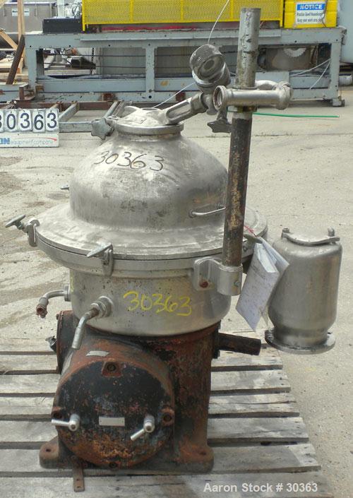 Used Westfalia Disc Centrifuge, Model SAMN 5036, 434 Stainless Steel. Driven by a 5.5 kW bowl top, disc stack, centripetal pump, splitter disc.