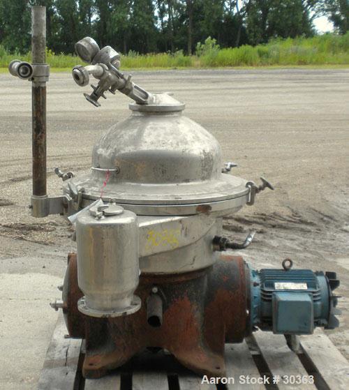 Used Westfalia Disc Centrifuge, Model SAMN 5036, 434 Stainless Steel. Driven by a 5.5 kW bowl top, disc stack, centripetal pump, splitter disc.