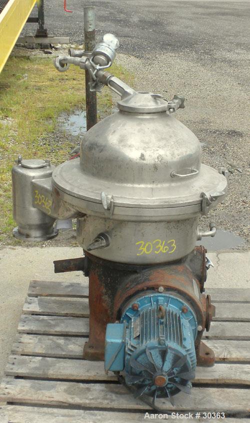 Used Westfalia Disc Centrifuge, Model SAMN 5036, 434 Stainless Steel. Driven by a 5.5 kW bowl top, disc stack, centripetal pump, splitter disc.