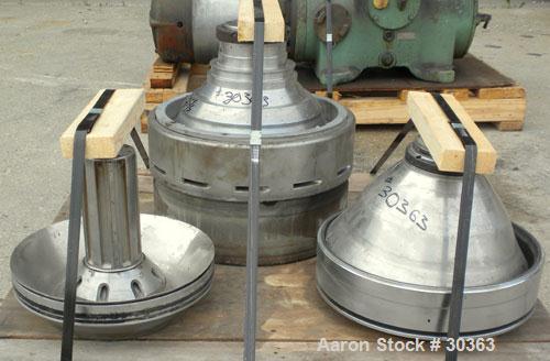 Used Westfalia Disc Centrifuge, Model SAMN 5036, 434 Stainless Steel. Driven by a 5.5 kW bowl top, disc stack, centripetal pump, splitter disc.