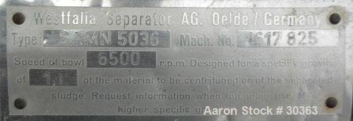 Used- Westfalia Disc Centrifuge, Model SAMN 5036, 434 Stainless Steel. Driven by a 5.5 kW bowl top, disc stack, centripetal ...