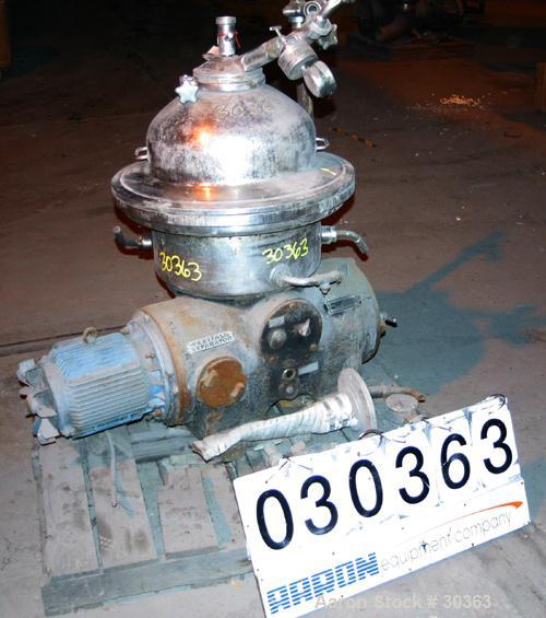 Used Westfalia Disc Centrifuge, Model SAMN 5036, 434 Stainless Steel. Driven by a 5.5 kW bowl top, disc stack, centripetal pump, splitter disc.