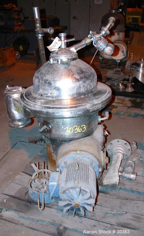 Used Westfalia Disc Centrifuge, Model SAMN 5036, 434 Stainless Steel. Driven by a 5.5 kW bowl top, disc stack, centripetal pump, splitter disc.