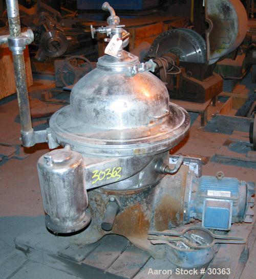 Used Westfalia Disc Centrifuge, Model SAMN 5036, 434 Stainless Steel. Driven by a 5.5 kW bowl top, disc stack, centripetal pump, splitter disc.